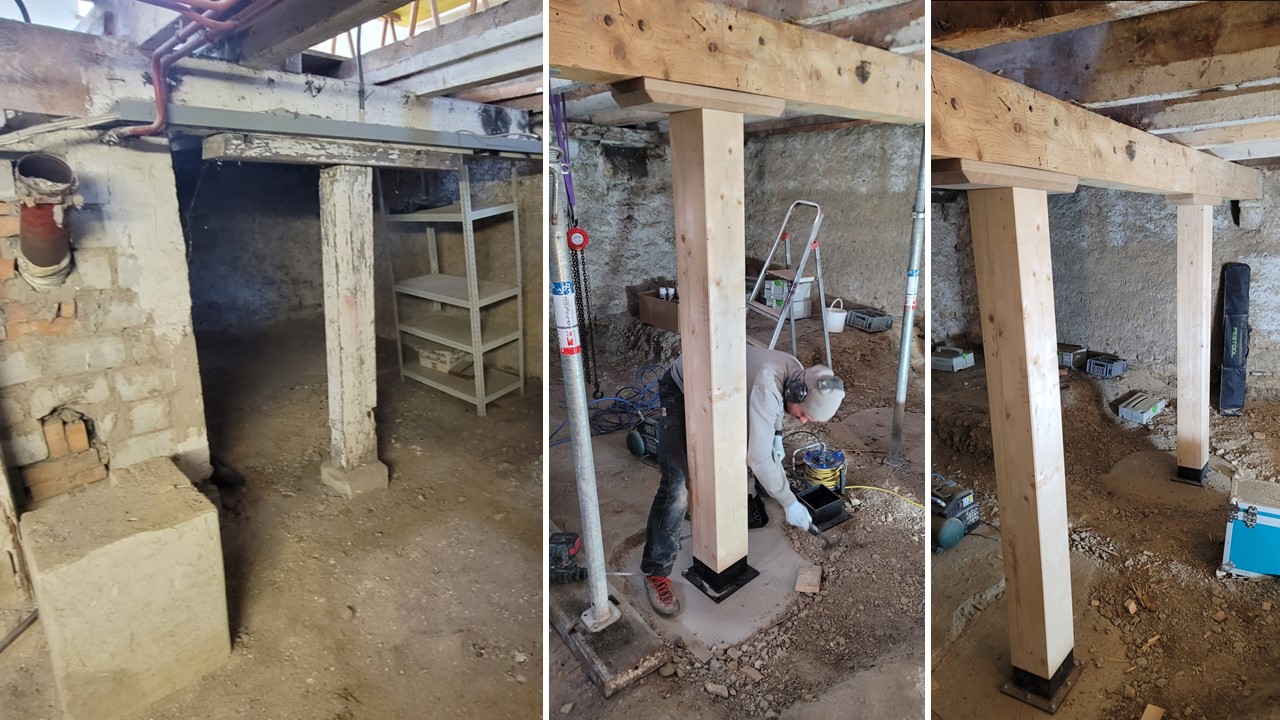 Keller mit neuen Holzstützen auf Stahlfüssen
